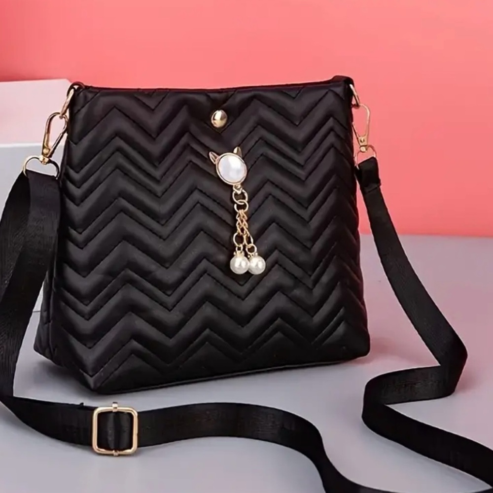 Black Chevron Quilted Crossbody Bag with Gold Hardware